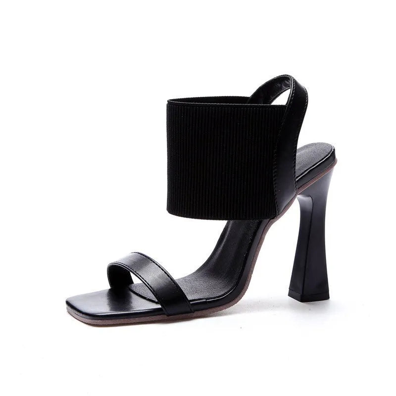 Women's high heel sandals with elastic strap in black, milky white and brown colours