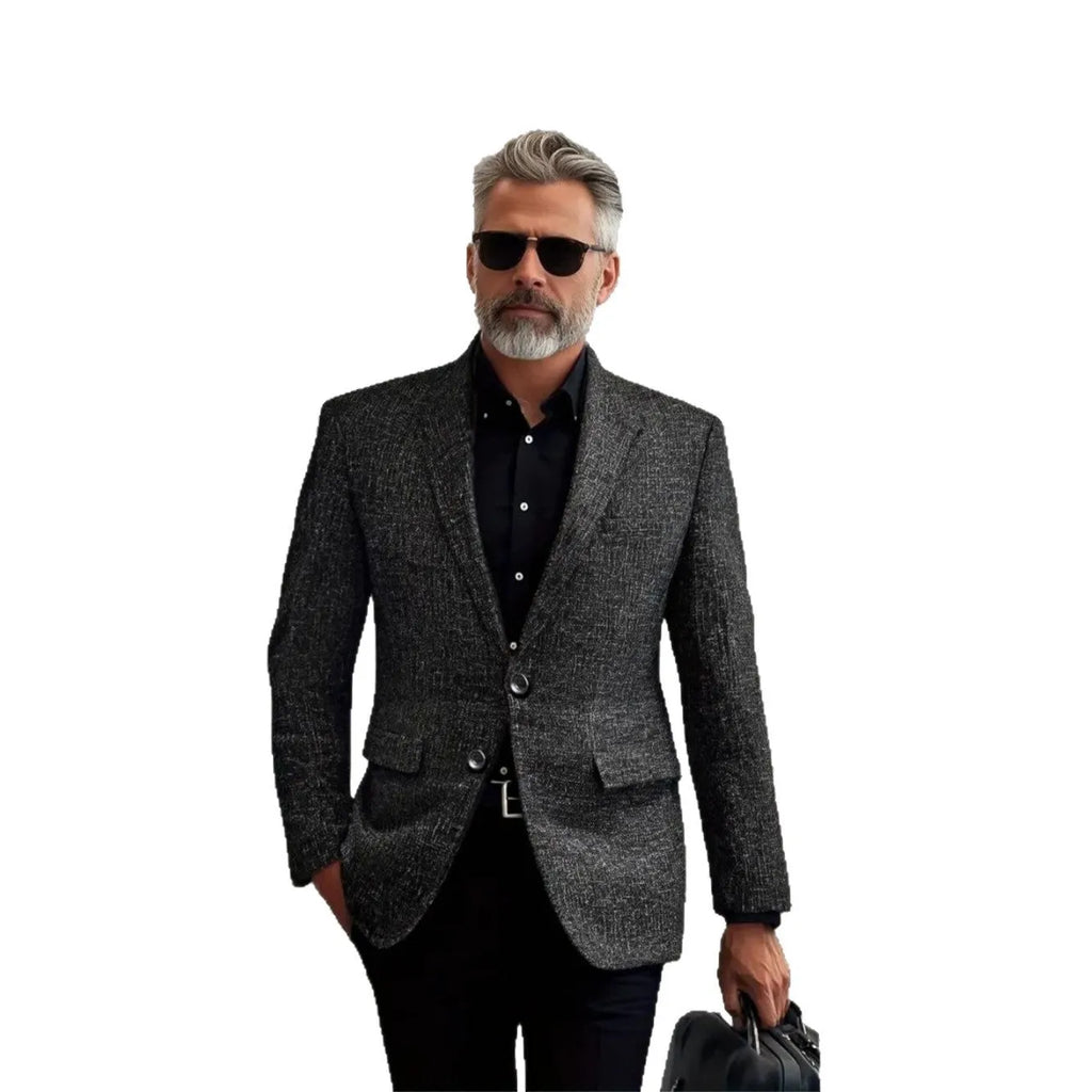 Men's single-breasted slim fit leisure suit jacket in navy blue, polyester, with patch pockets