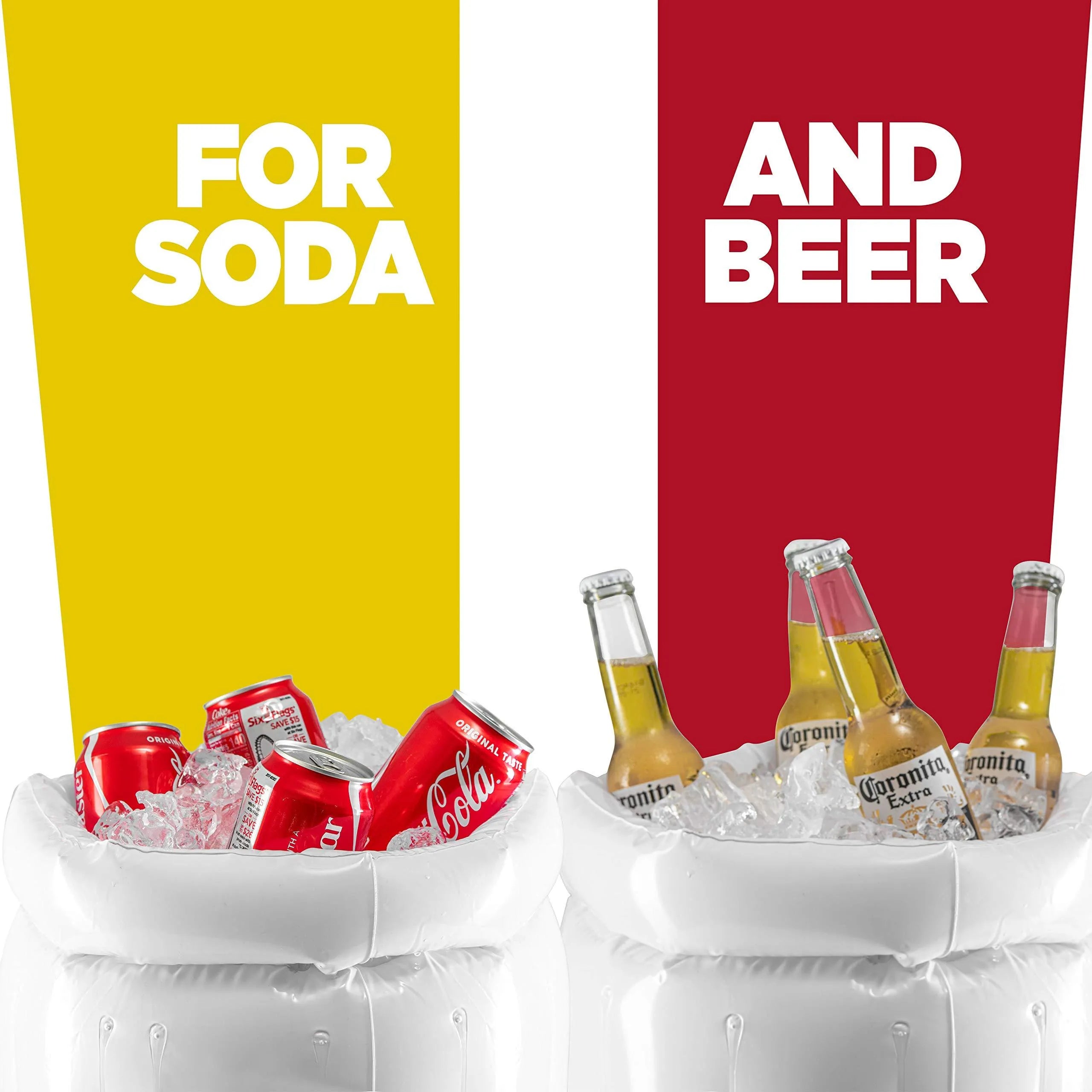 Large yellow inflatable beer mug cooler pool float with drink cans inside.