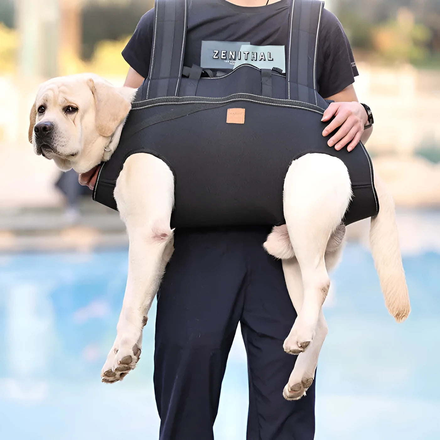 Black soft Oxford cloth dog backpack carrier for XL, 2XL, and 3XL large dogs.