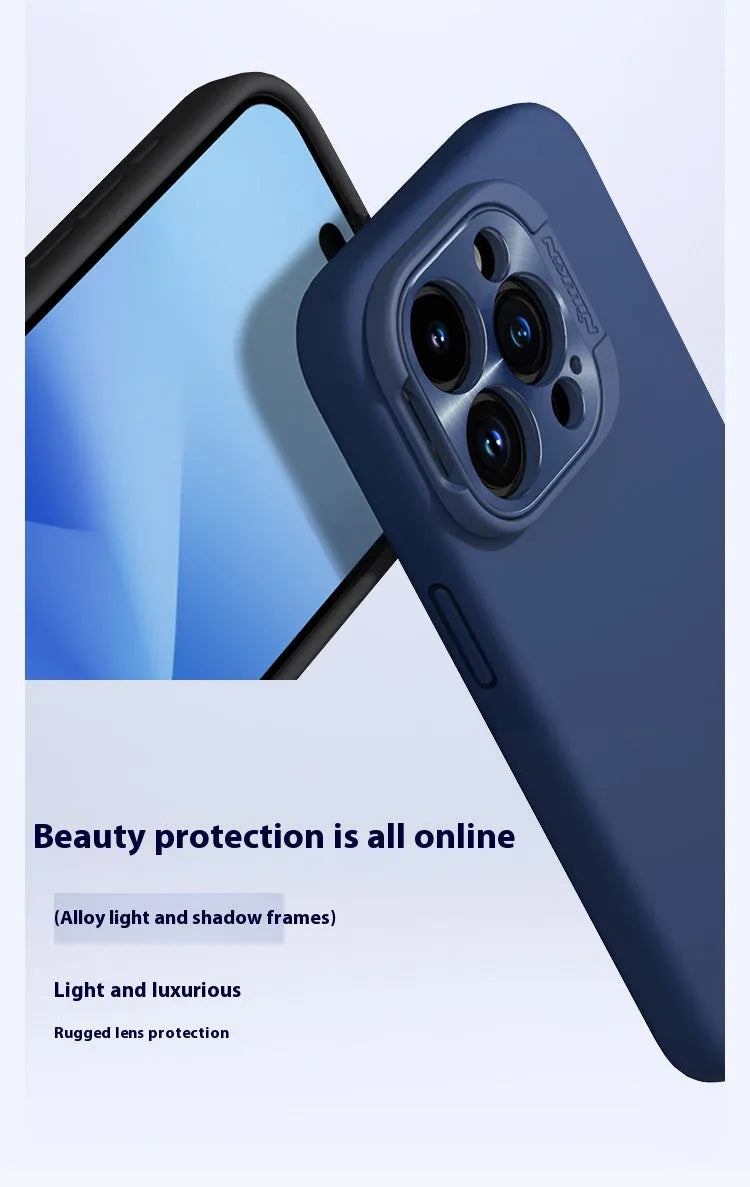 Magnetic liquid silicone phone case with invisible bracket in black, blue, green, or dark purple for iPhone models.