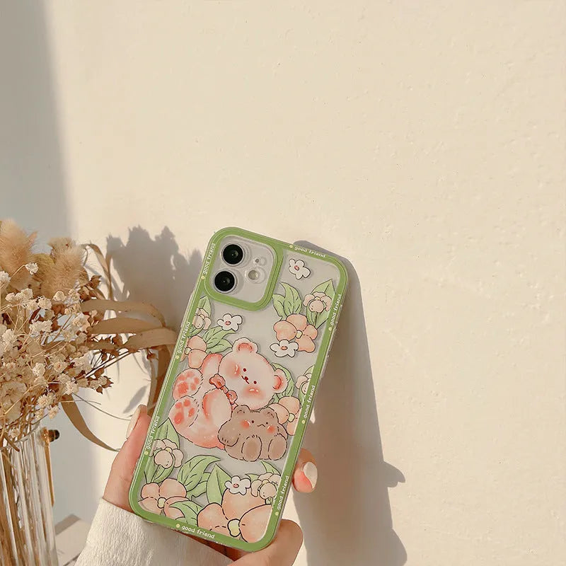 Transparent silicone TPU phone case with hand-painted bear and floral design for iPhone models