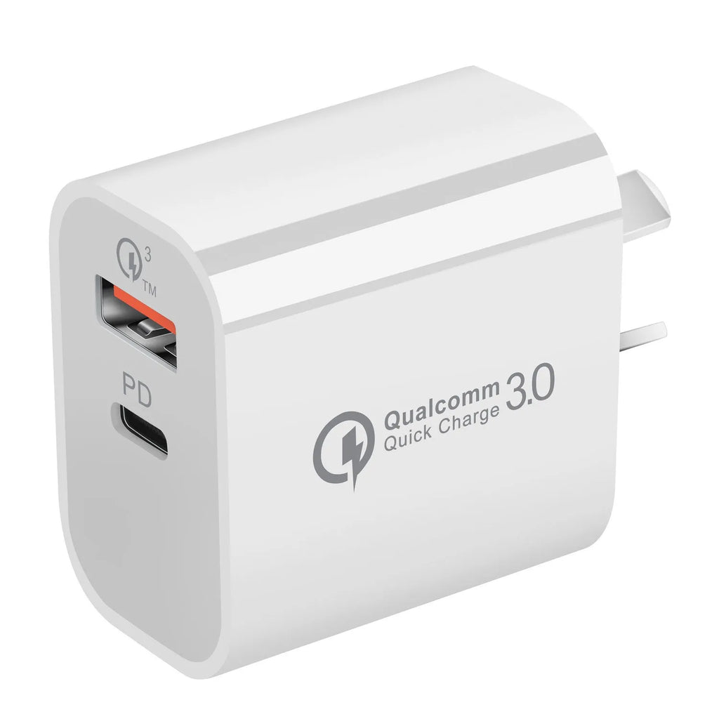 White Australian dual-port USB charger with USB-A and USB-C ports showing Australian plug