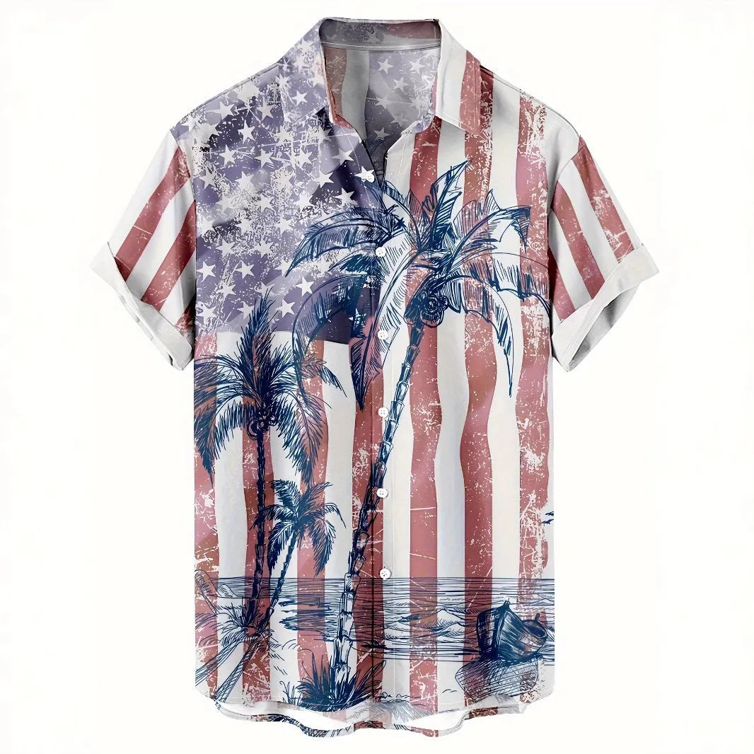 Men's 3D printed floral pattern short sleeve shirt in loose cardigan style