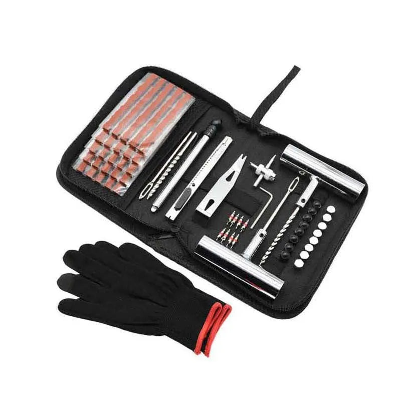 43-piece steel tyre repair kit in compact cloth storage bag for vehicle puncture emergencies