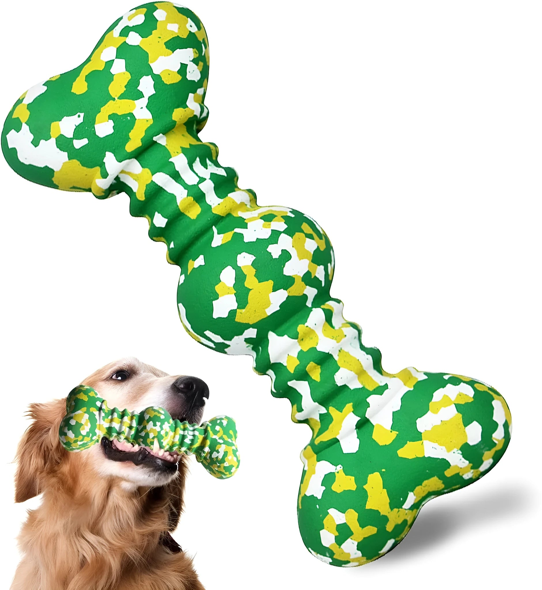 Green, white, and yellow camouflaged natural rubber bone chew toy for large dogs on a wooden surface.