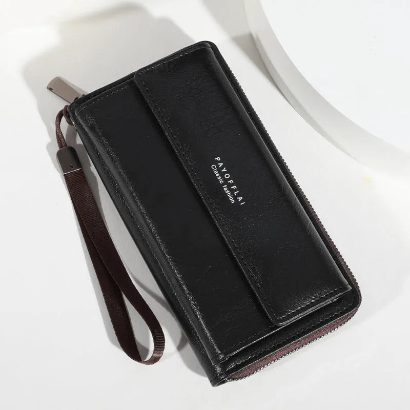Men's black or brown PU long wallet with multiple card slots measuring 19x10.5x4cm
