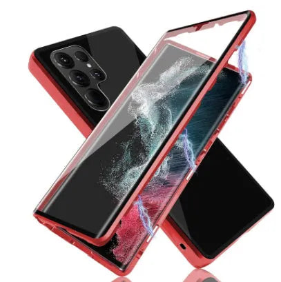 Snap On Magnet King glass mirror phone case for Samsung Galaxy S23 Ultra, metal frame, glass back, magnetic, black