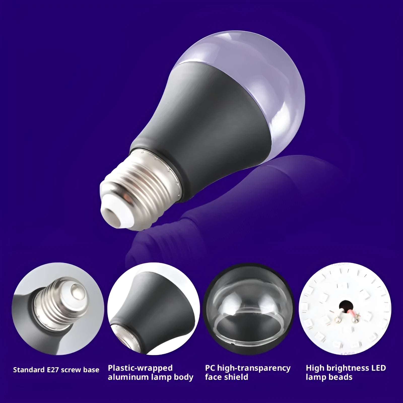 A19 purple LED light bulb 12W UV violet fluorescence with screw base on white background