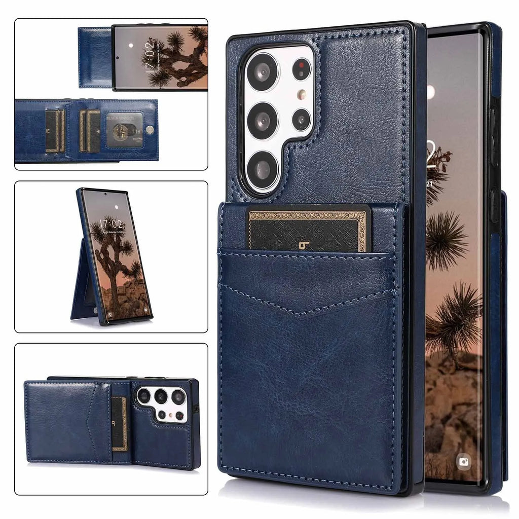 Samsung phone case with bracket and card slot in crazy horse pattern PU TPU, shown in black