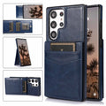 Samsung phone case with bracket and card slot in crazy horse pattern PU TPU, shown in black