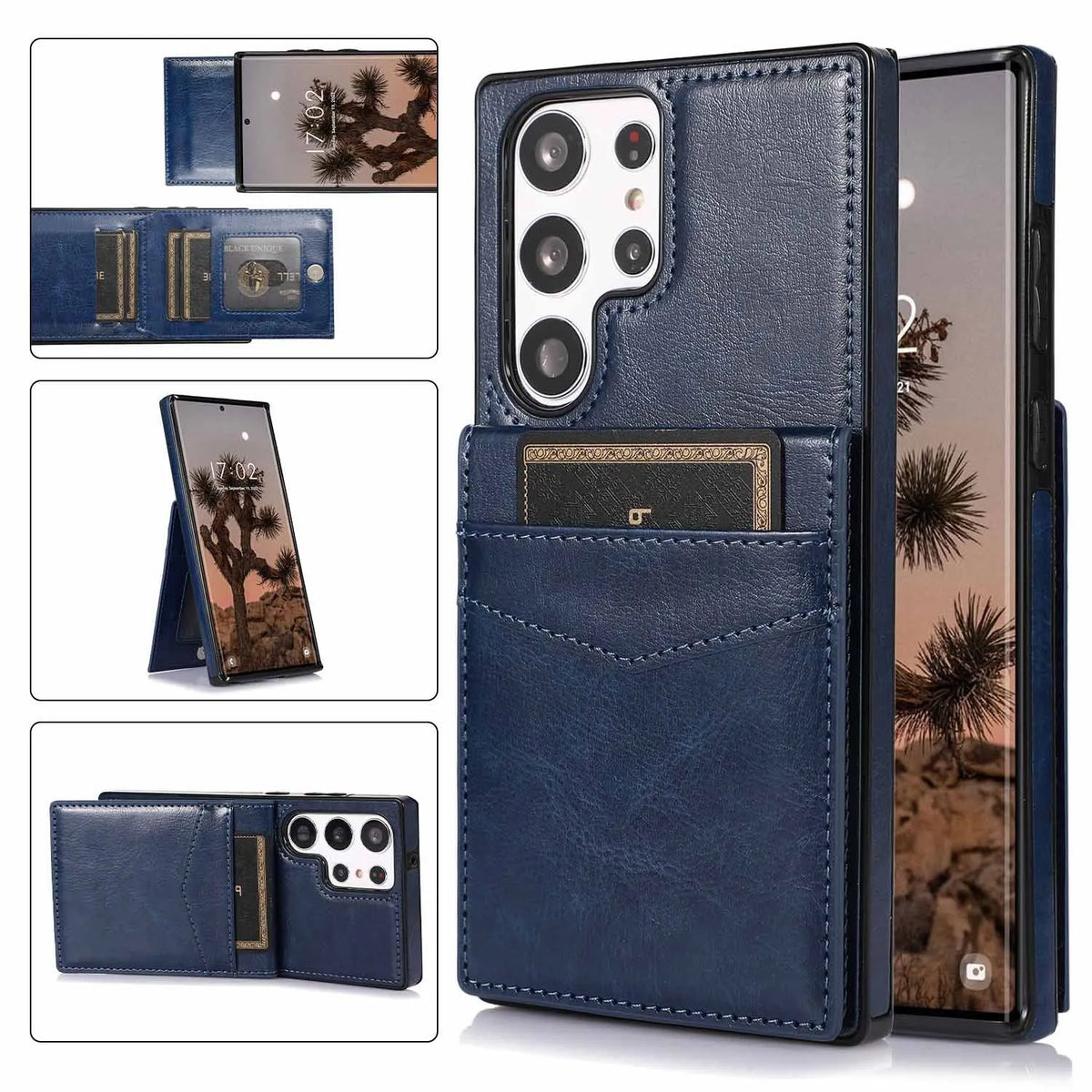 Samsung phone case with bracket and card slot in crazy horse pattern PU TPU, shown in black