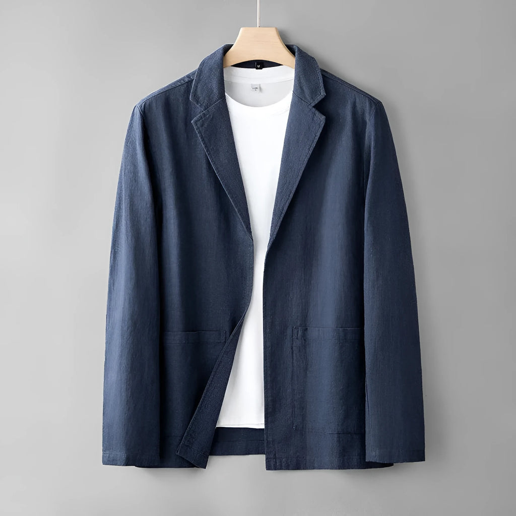 Men's linen casual suit set in solid colour with long sleeve jacket and trousers, available in apricot gray navy blue