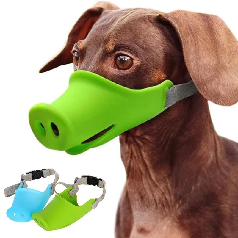 Blue silicone anti-bite mouth cover for dogs showing flexible construction and adjustable sizing