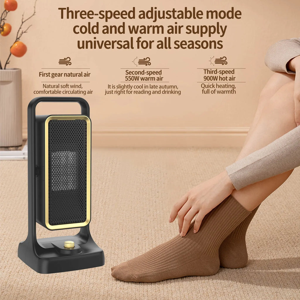 Black HQ-500A PTC ceramic desktop air heater with control knob on front.
