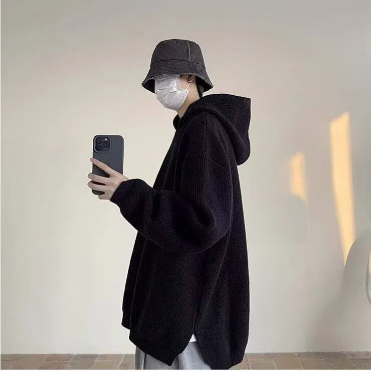 Men's loose fit hooded sweater in gray with long sleeves, shown as a front view pullover knitwear coat