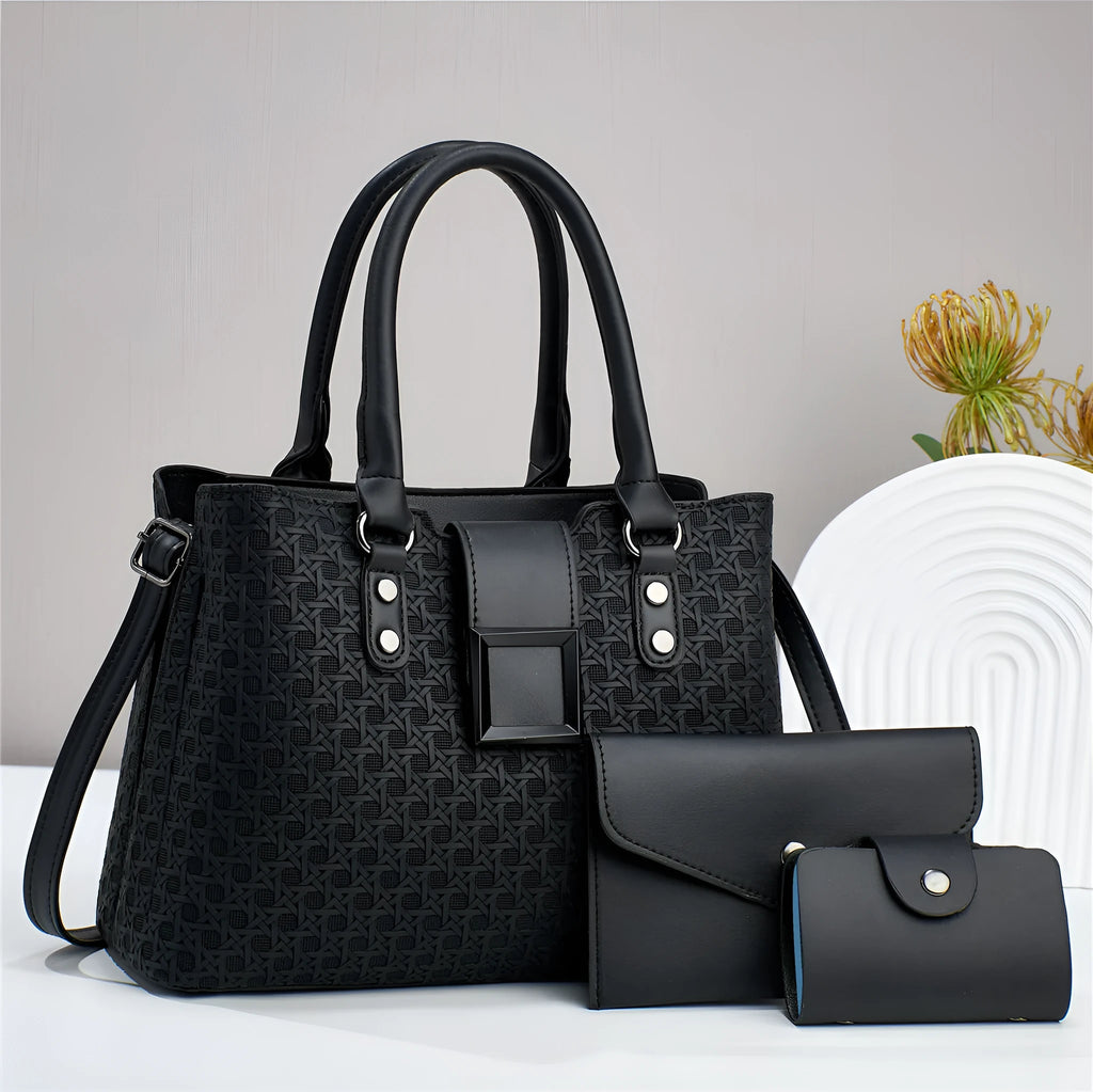 Women's three-piece textured PU leather crossbody bag set in square vertical design