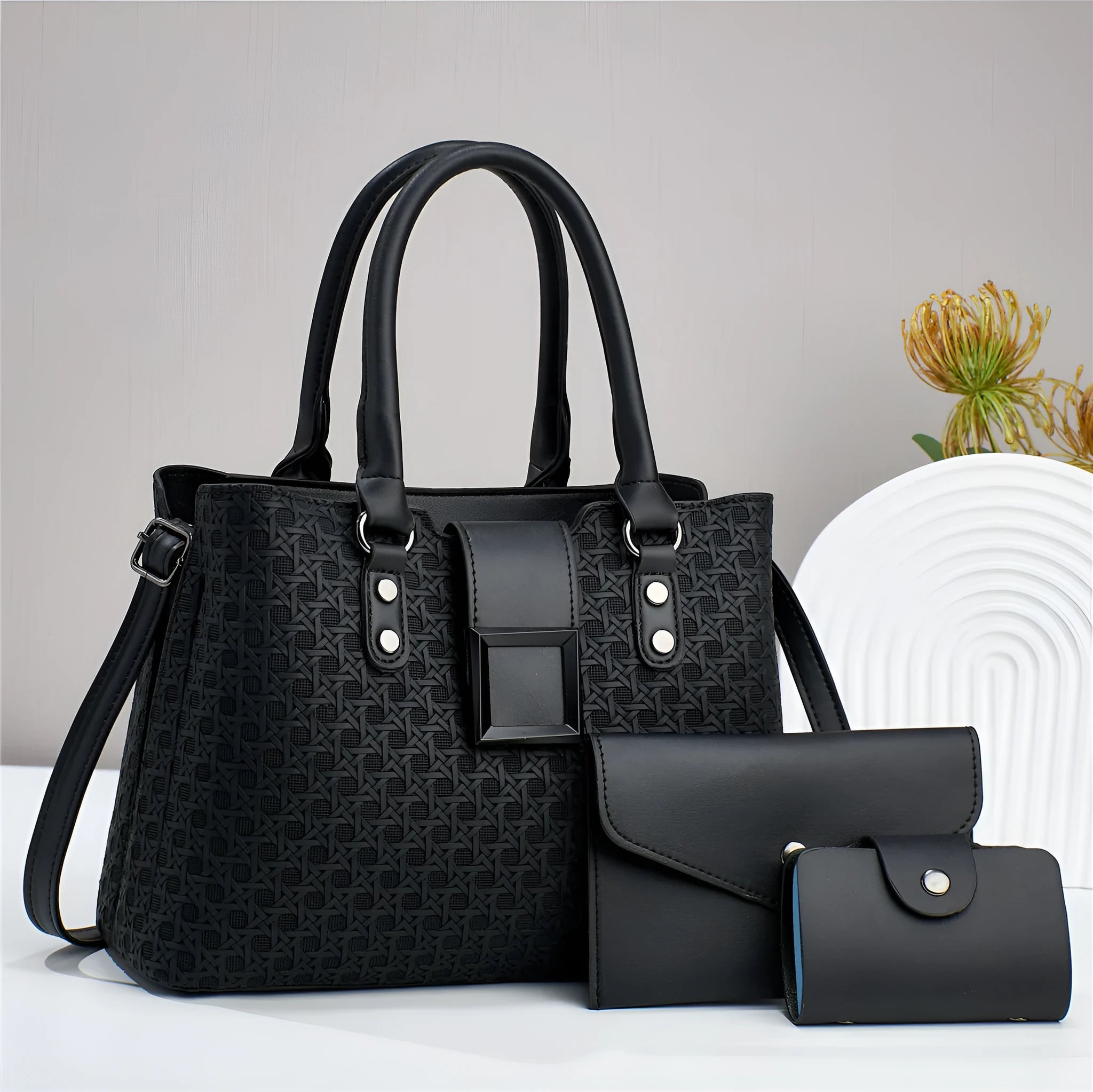 Women's three-piece textured PU leather crossbody bag set in square vertical design
