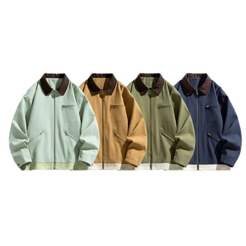 Men's loose-fit Korean retro workwear jacket with contrast lapels in olive green