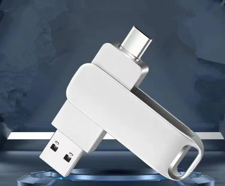 Rotating metal USB flash drive with dual USB-C connector in silver or black finish