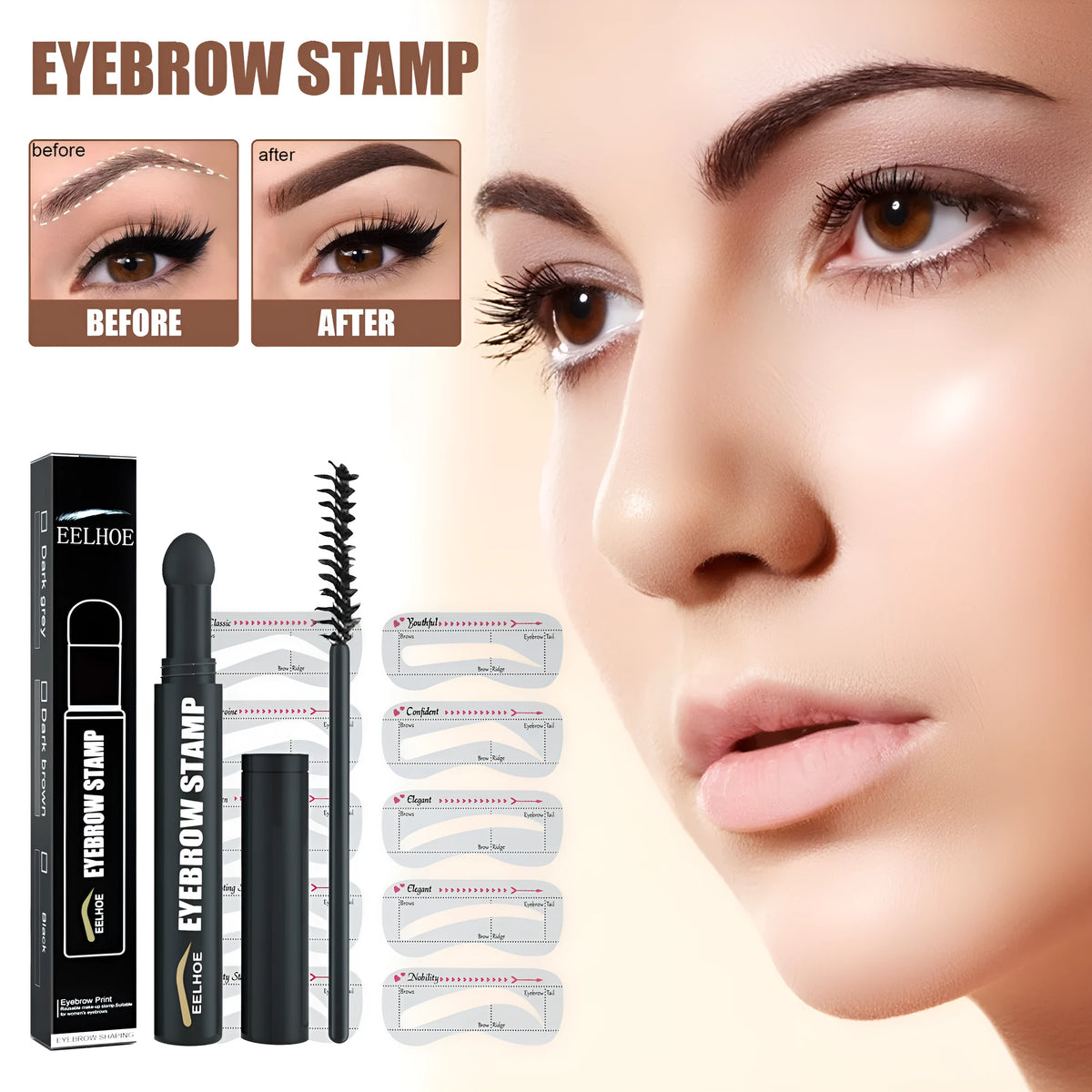 Eyebrow printing pen set with stencil, pencil, and brush in Black, Dark Brown, or Dark Gray, 3g.
