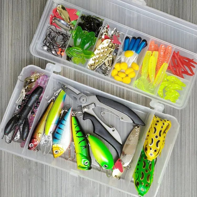 142-piece fishing lure set showing hard mino lures, sequins, fishhooks, and fishing pliers arranged together
