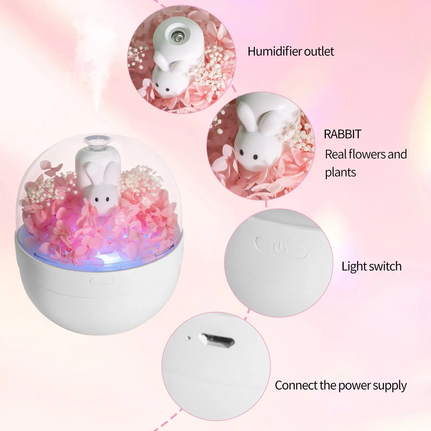 Pink creative rabbit-shaped aromatherapy humidifier with preserved flowers on top.