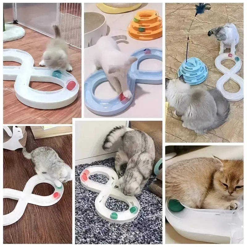 Blue and white cat turntable toy with track ball and teasing stick for indoor feline entertainment