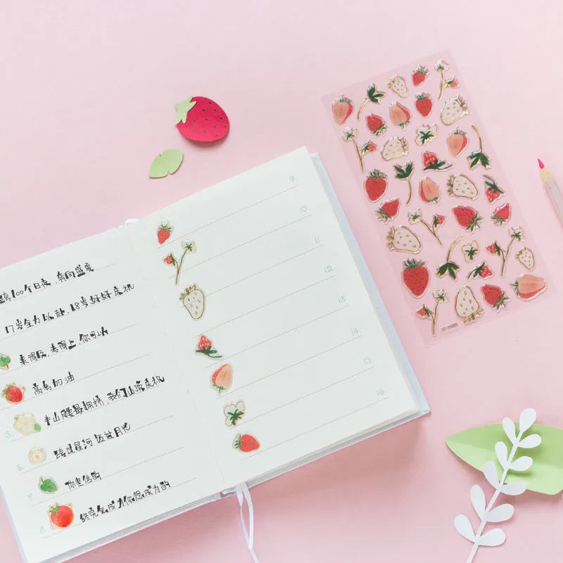 DIY fruit bronzing sticker set showing grape, orange, passion fruit, peach, pineapple and strawberry designs