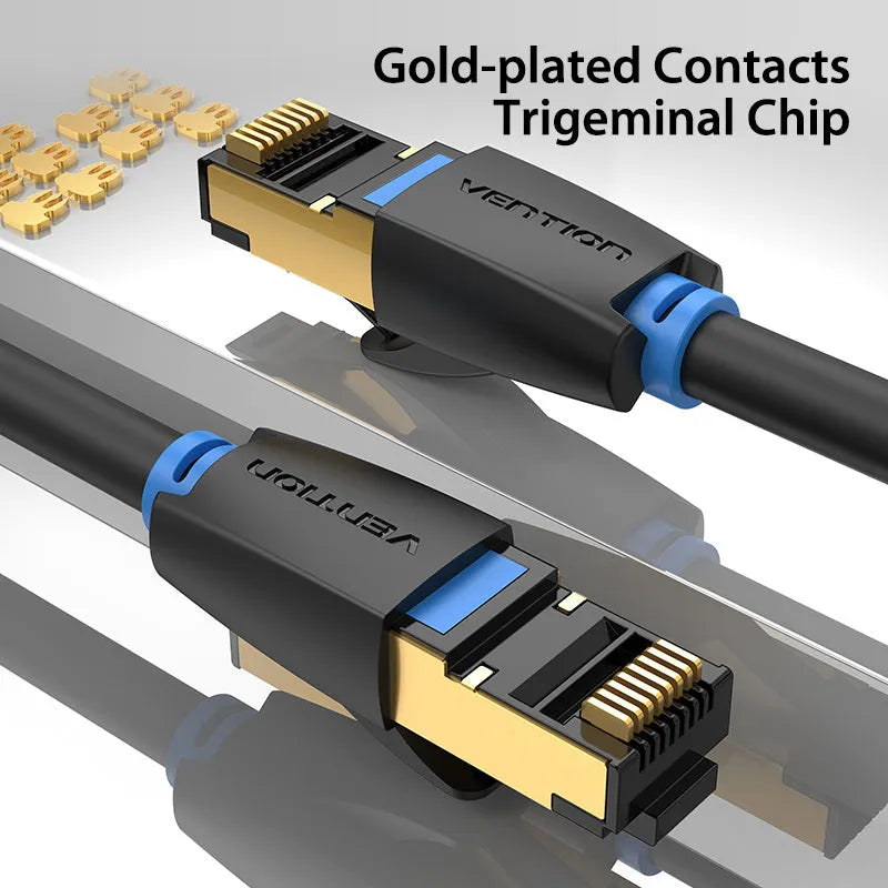 CAT8 network cable with RJ45 connectors, shown in flat and round style options.