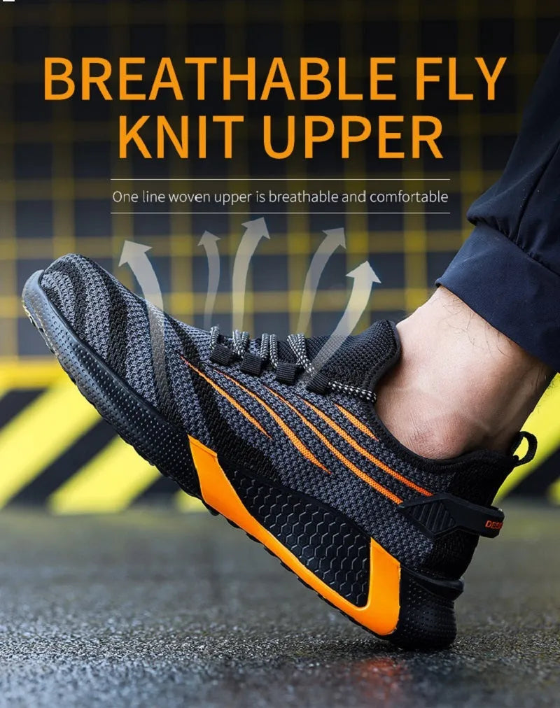 Lightweight non-slip protective work shoes for men blue flying woven upper low cut PU outsole industrial safety