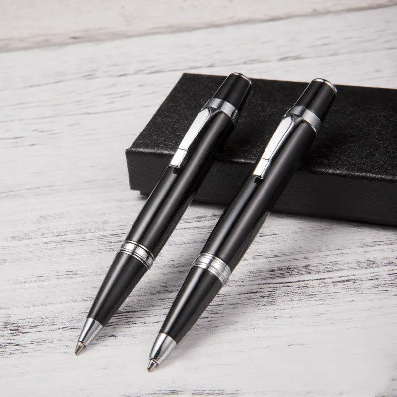 Short black metal ballpoint pen with rotating mechanism showing 112mm length