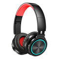 B12 wireless folding Bluetooth headset shown in black, black and red, and white and grey colour variants.