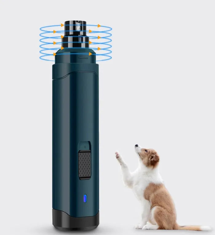 Blue pet electric nail polisher with 2 speeds, quiet motor, and rough grinding wheel