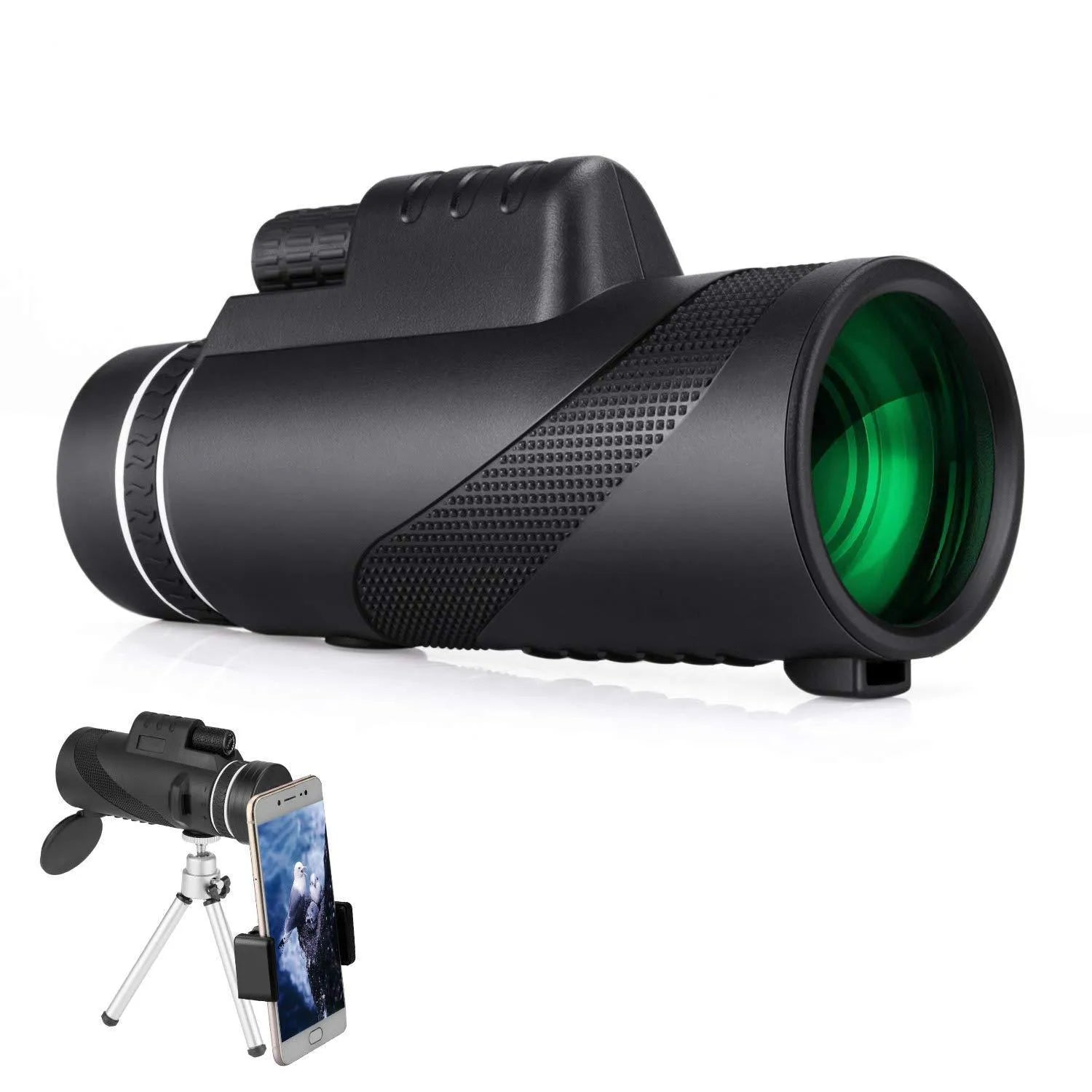 Black HD 40x60 monocular telescope with smartphone mount shown on a table.