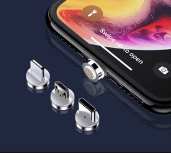 Black 3A fast charge magnetic data cable with 3-in-1 connector for iPhone, Android and Type-C.