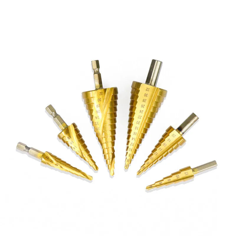 High speed steel cone step drill bit and centre punch set with numbered colour options on a workbench.