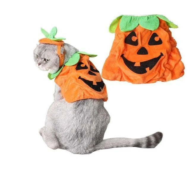 Yellow pumpkin-shaped pet costume with green leaf decoration for cats and small dogs