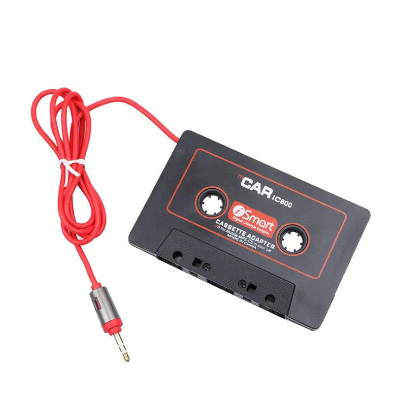 Black car cassette adapter with 3.5mm jack plug for connecting MP3 players to vehicle cassette stereos