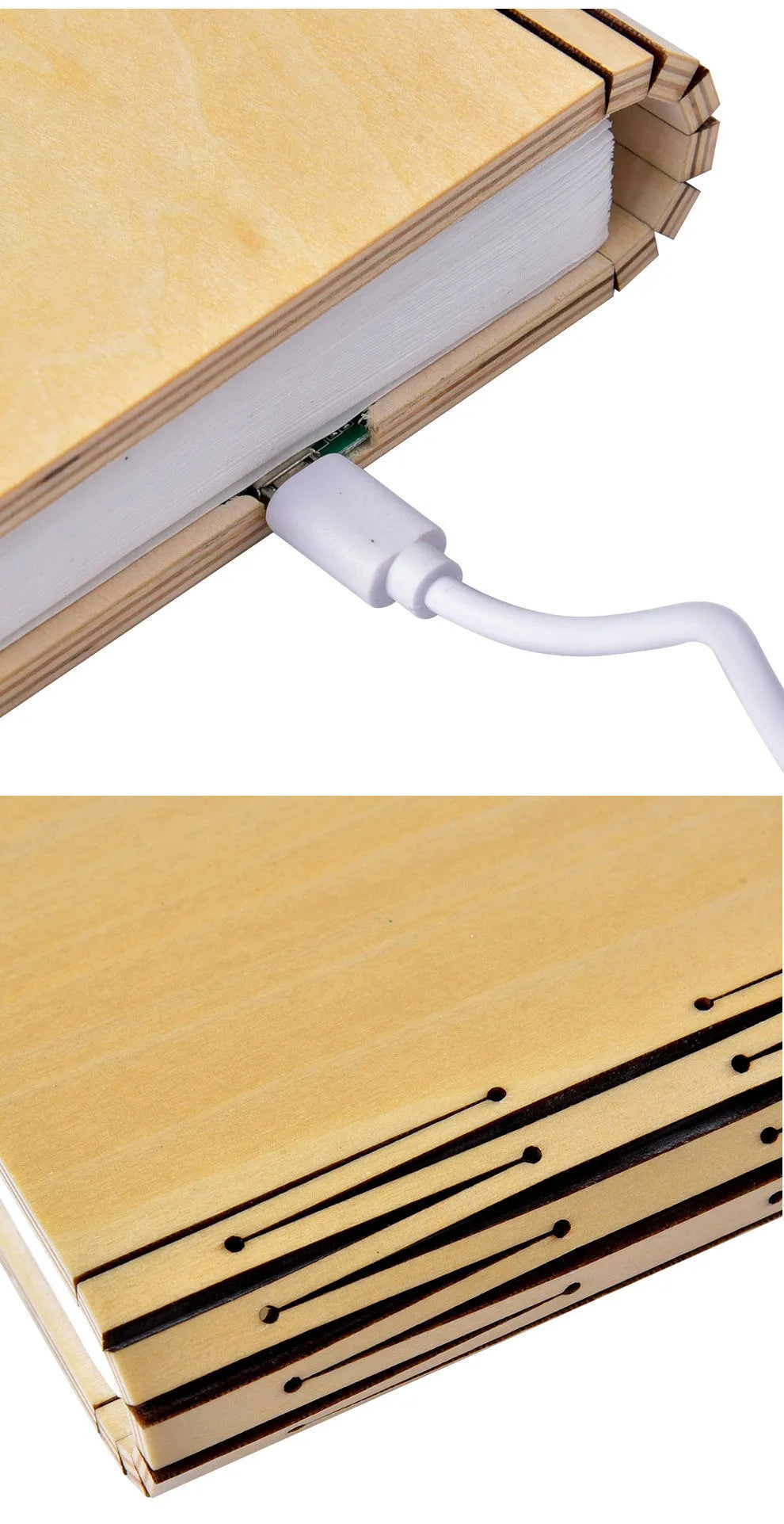 Folding LED book light with wooden cover and DuPont paper, 215x165x30mm, walnut colour, warm white light