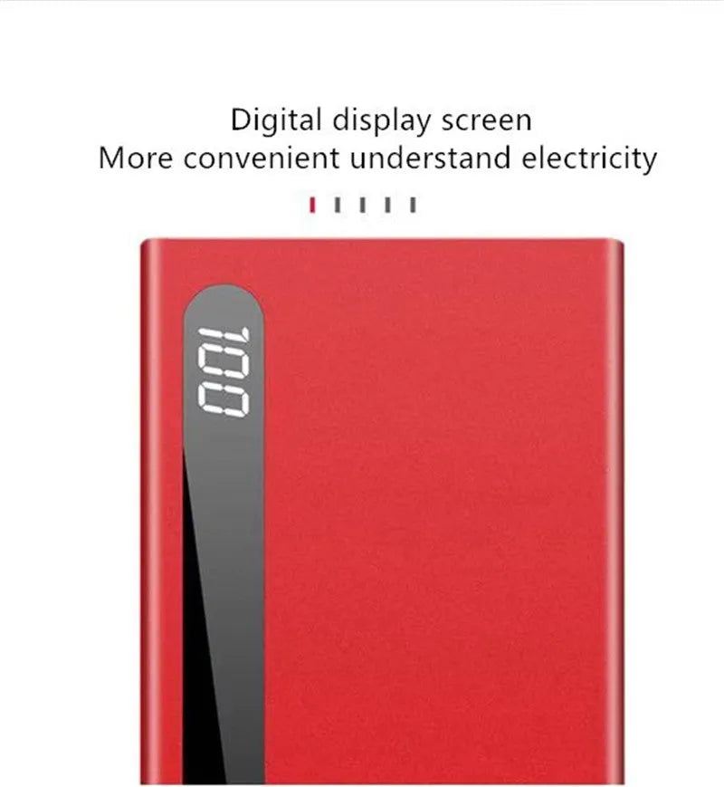 Ultra-thin 20000mAh power bank with digital display, dual USB ports, L172 x W14 x H152, black blue red