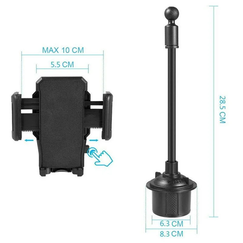 Black universal car phone mounting bracket with adjustable side handles, shown with suction cup and clip hook attachments