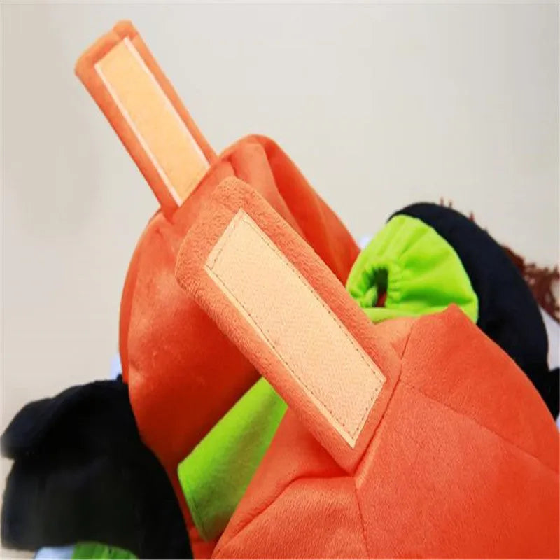 Orange cotton pet Halloween pumpkin costume with adjustable Velcro bust on a dog