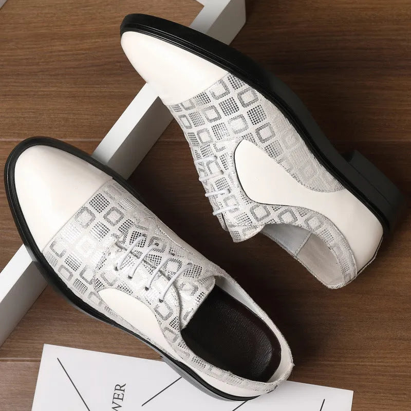 Men's black business PU leather shoes with lace-up style and rubber sole on a plain background