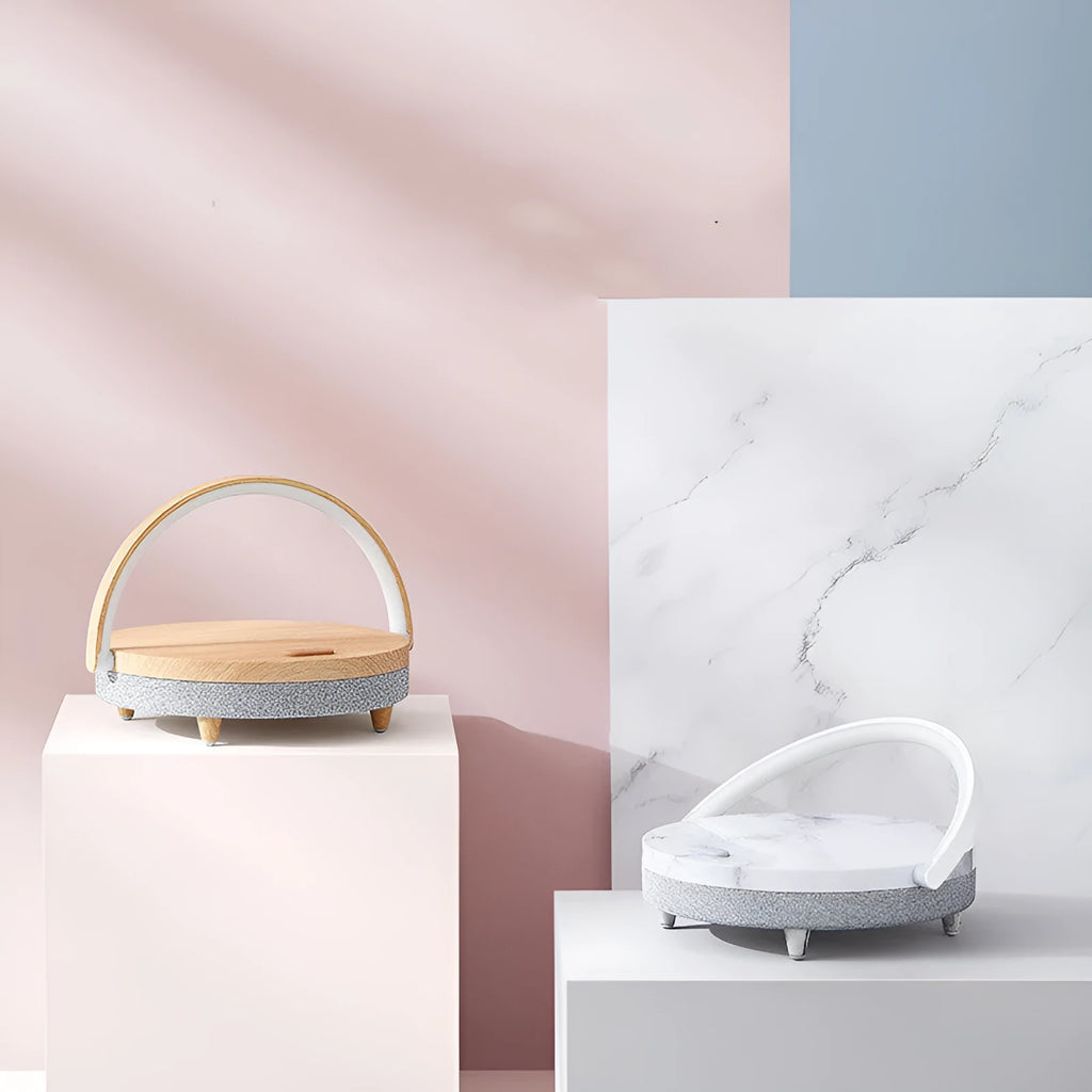 Wireless charging lamp with Bluetooth speaker and mobile phone holder in marble pattern finish