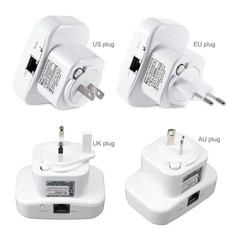 White and black 300Mbps WiFi repeater with UK plug and two integrated antennas