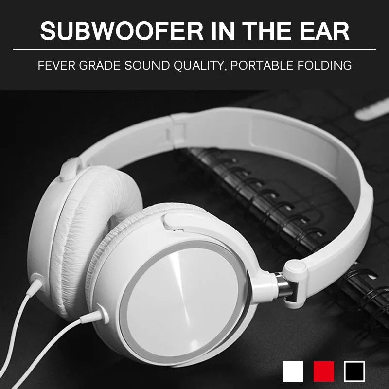 Portable over-ear wired headphones with folding design and adjustable headband in black, red or white colours