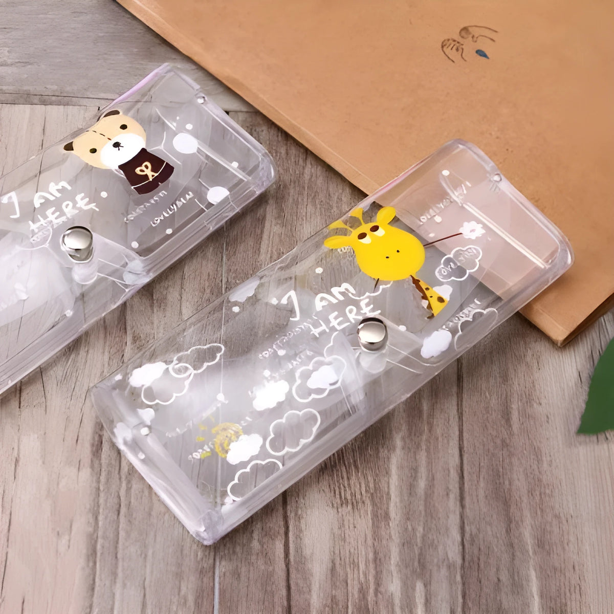 Transparent PVC glasses storage box with cartoon animal design, 15cm x 6cm x 2.7cm