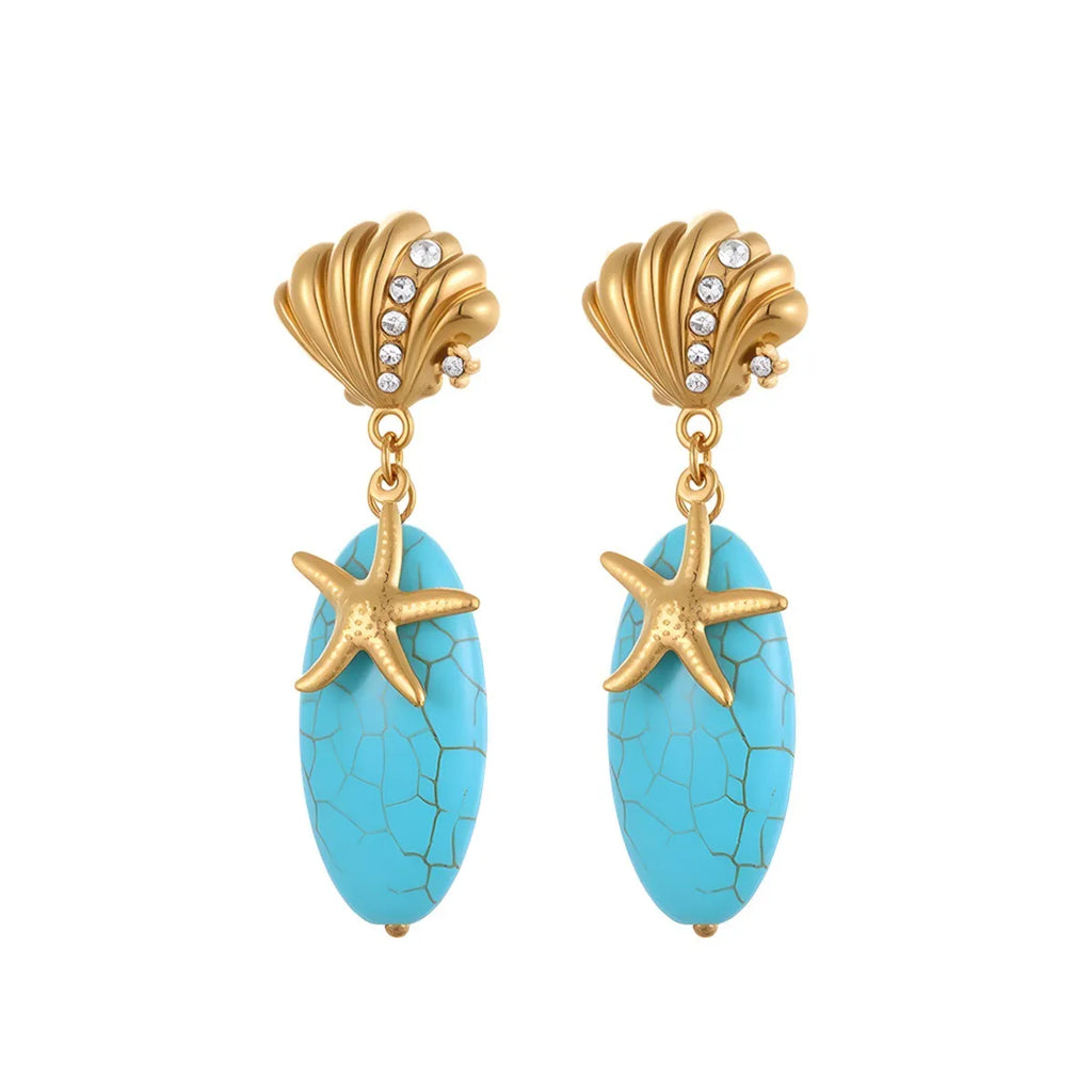 Natural stone turquoise earrings with stainless steel eardrop, 18K electroplated star and geometric shapes