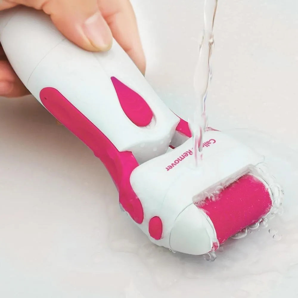 Electric callous remover in blue and white colour with transparent cover and free extra roller head